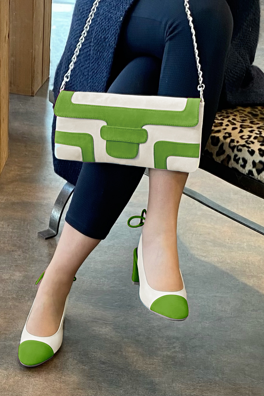 Grass green and off white women's slingback shoes. Round toe. Medium block heels. Worn view - Florence KOOIJMAN